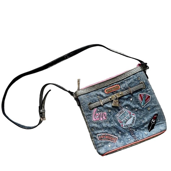 Nicole Lee Athena Patch Print Crossbody Handbag Denim Patches Rhinestones - Picture 1 of 11